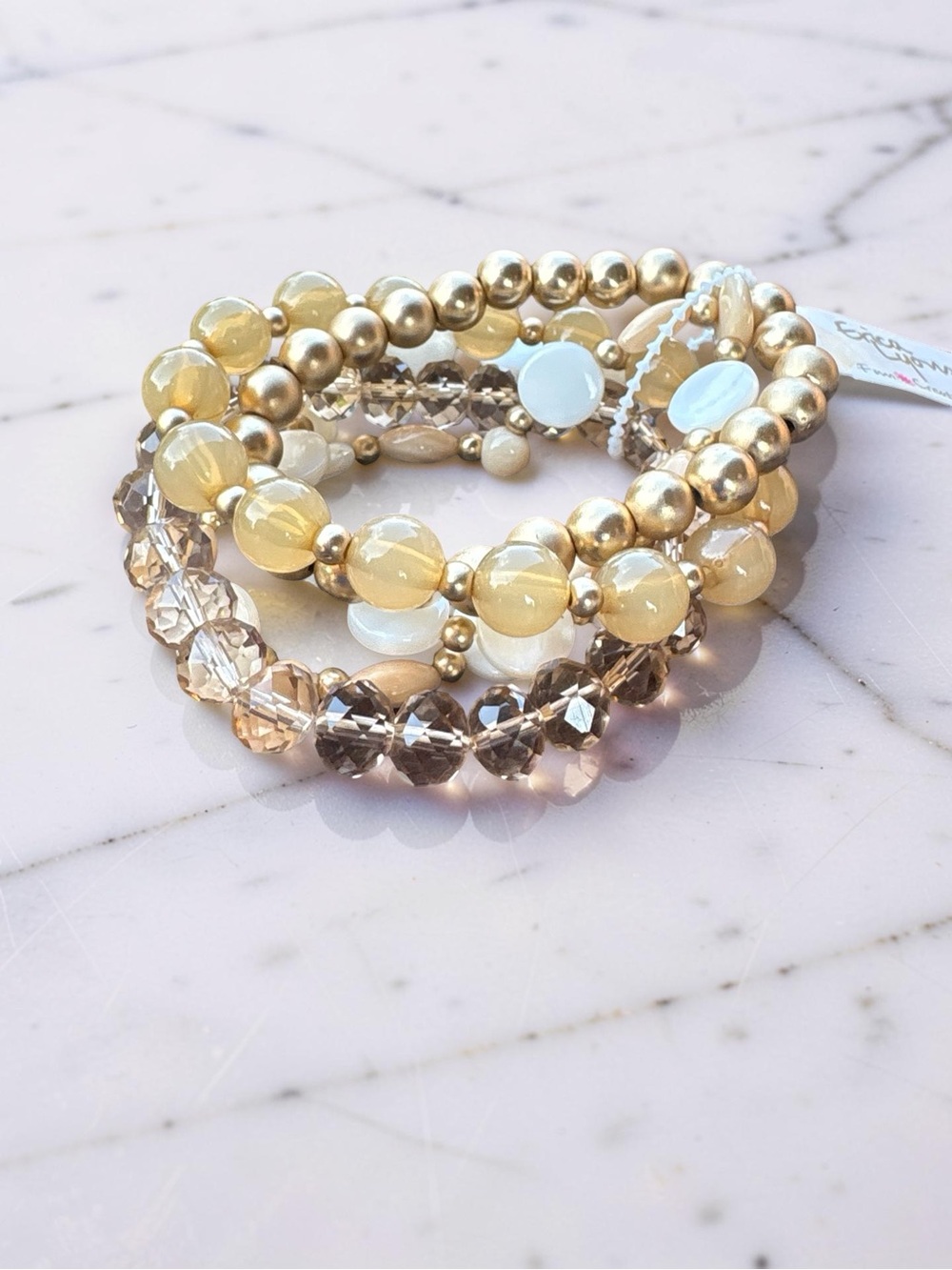 Erica Lyons Gold and Cream Beaded Stretch Bracelet Set
